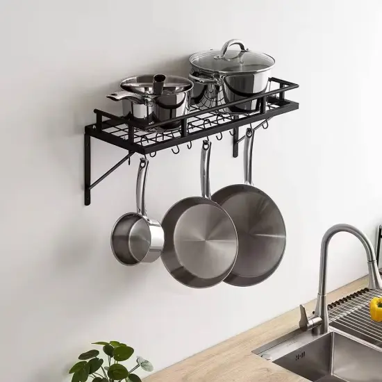 Wall Mounted Matte Black Steel Pot Rack with Ten Hanging Hooks {1}