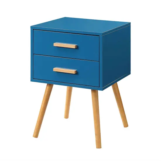 Modern Blue Piano Finish End Table Nightstand with 2 Storage Drawers and Solid Wood Legs {3}
