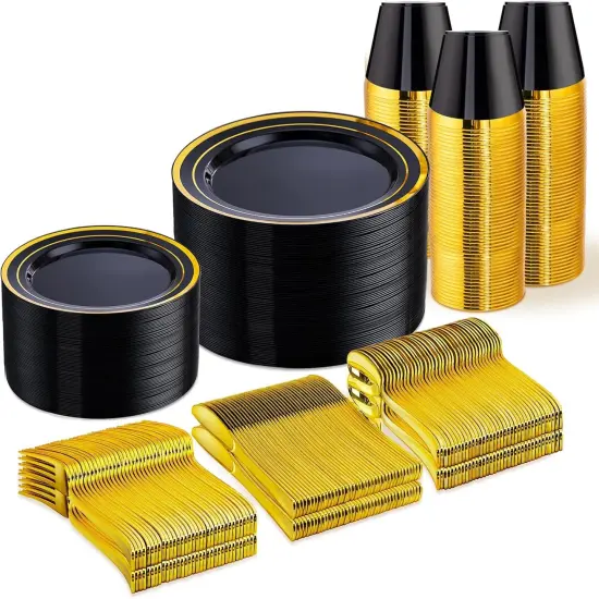 Black & Gold Disposable Dinnerware Set &ndash; 25, 50, 75, 100 Guest Options, Elegant Plastic Plates, Cutlery & Cups for Wedding & Party {2}