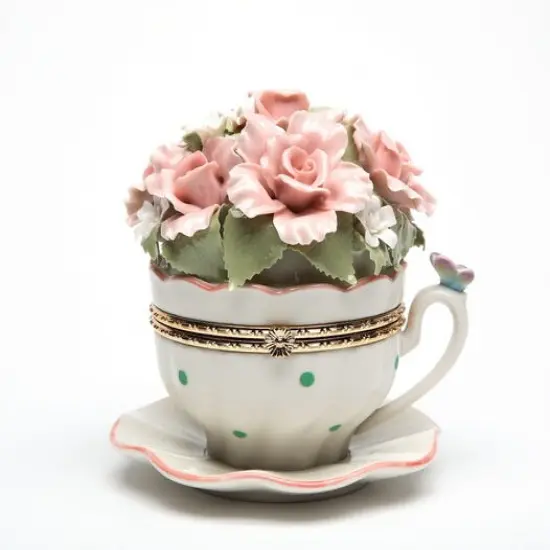 Cup and Saucer Shaped Hinge Box with Pink Flowers Music Box, Home Décor, Gift for Her, Gift for Mom, Mother's Day Gift {2}