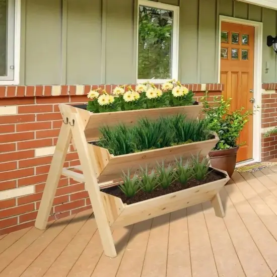 Light Brown Fir Wood 3-Tier A-Frame Planter Box with Hooks and Drainage {2}