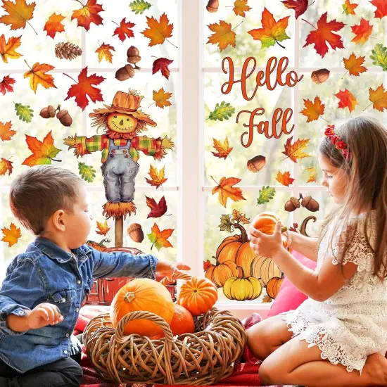 6 Sheets Fall Window Clings Watercolor Truck Pumpkin Maple Leaves {4}