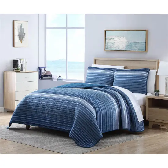 Coastal Blue Stripe Reversible Cotton Quilt Set {2}