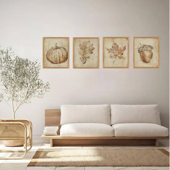 Set of 4 -Fall Wall Decor, Vintage Rustic Pumpkin Maple Leaf Pictures {4}
