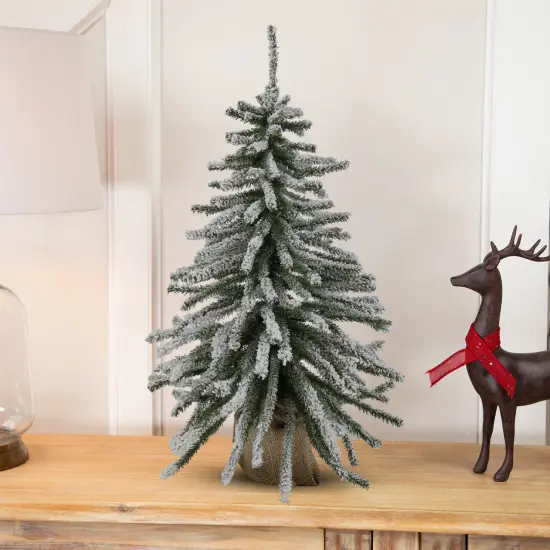 Northlight Potted Flocked Downswept Mini Village Pine Medium Artificial Christmas Tree - 2' - Unlit White {1}