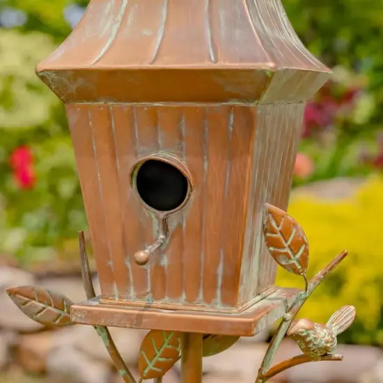 Copper Finish Iron Garden Birdhouse with Stake, Perch and Weather-Resistant Roof {3}