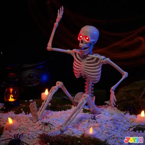 24 Inch Halloween Posable Skeleton with LED Red Glowing Eyes, 2FT Realistic {2}
