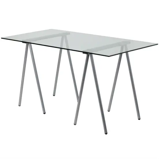 Silver-Clear Glass Top Writing Desk with Powder-Coated Steel Legs and Modern Design {1}