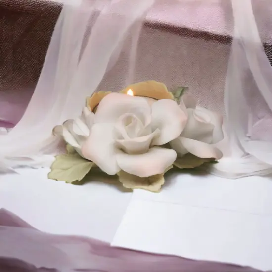 Hand Crafted Ceramic White and Pink Rose Tealight Candle Holder, Wedding D&eacute;cor, Wedding Gift, Wedding Favor {1}