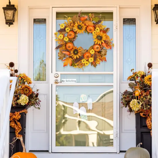 24 Inch Fall Wreaths for Front Door Outside, Pumpkins Thanksgiving Wreath, {3}