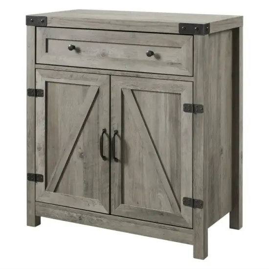 Rustic Grey Wash Barn Door Storage Cabinet with Adjustable Shelves and Metal Drawer Glide {1}