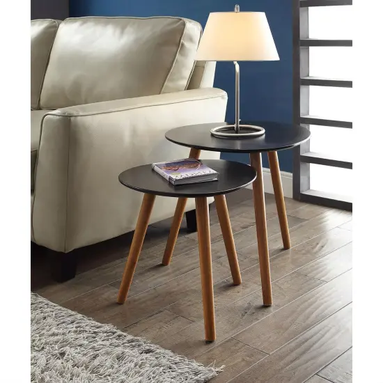 Set of 2 Black Nesting Tables with Piano Finish Tops and Solid Wood Legs for Living Room {2}