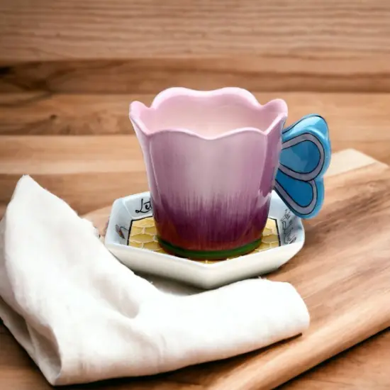 Ceramic Flower Teacup and Honeycomb Saucer, Gift for Her, Gift for Mom, Gift for Friend or Coworker, Tea Party Décor, Café Decor {2}