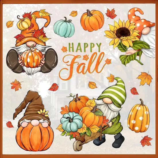 Happy Fall Gnome Window Clings 9 Sheets, Autumn Harvest Pumpkin {1}