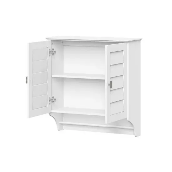 White Wood Wall-Mounted Bathroom Medicine Cabinet with Louver Doors and Towel Bar {3}