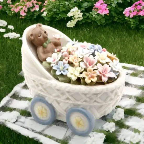 Ceramic Teddy Bear With Flowers in Baby Stroller Figurine, Home D&eacute;cor, Nursery Room D&eacute;cor, Baby Gift {1}