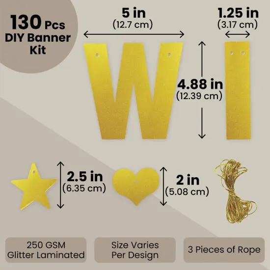 130-Piece DIY Gold Glitter Make Your Own Banner Kit with Letters, Numbers, Symbols, and String for Birthdays, Weddings, and Party Supplies Decor (5-Inch Letters) {4}