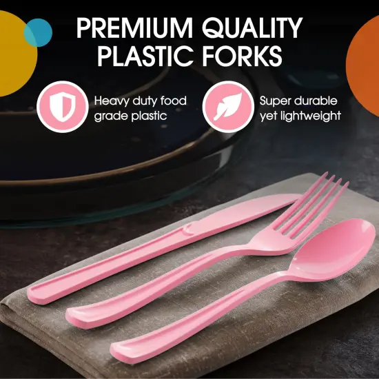 Exquisite Polished Plastic Silverware &ndash; 150 Pcs Heavy Duty Cutlery Set &ndash; 50 Each of Forks, Knives & Spoons &ndash; Disposable Utensil Set for Parties, Events & Catering &ndash; Flatware Set by Party Solids Pink {4}