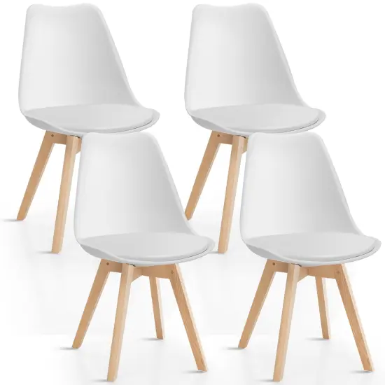 Costway Set of 4 Dining Chair Mid Century Modern Shell PU Seat w/ Wood-Leg White {1}