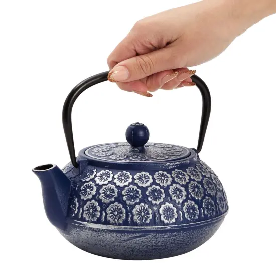 Japanese Cast Iron Teapot with Infuser for Loose Leaf and Tea Bags, Kettle Includes Handle and Removable Lid (Blue, 34oz) {6}