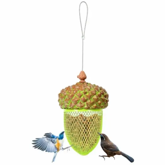 Green-Brown Resin and Iron Mesh Acorn Bird Feeder with Locking Lid and Hanging Wire {1}