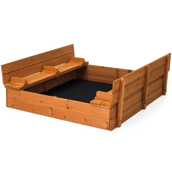 Brown Cedar Wood Kids Sandbox with Split Cover abd Built-In Benches for Outdoor Play {1}