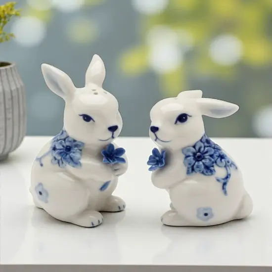 Ceramic Easter Bunny Rabbits with Blue Flowers Salt and Pepper Shakers, Gift for Her or Mom, Kitchen D&eacute;cor, Spring or Easter D&eacute;cor {1}