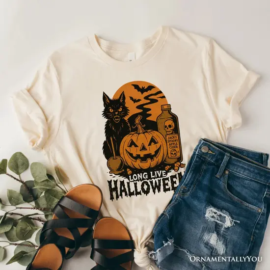 Long Live Halloween T-Shirt, Retro Black Cat Pumpkin Tee for Horror Fans {7}