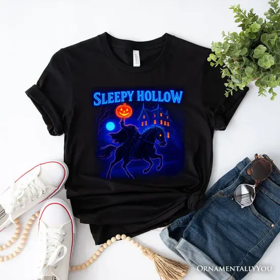 Sleepy Hollow Headless Horseman T-Shirt, Neon Retro Halloween Tee for Spooky Season {7}
