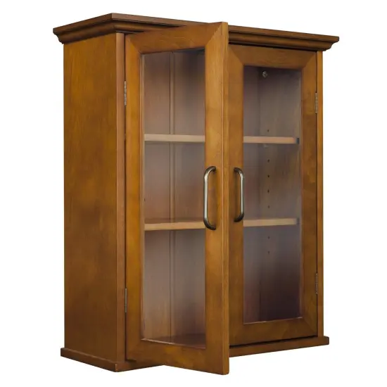 Oak Finish Bathroom Wall Cabinet with Glass 2-Doors & Shelves {2}