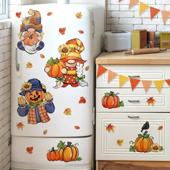 Fall Scarecrow Gnome Window Clings 9 Sheets, Autumn Pumpkin Maple Leaves Stickers {5}