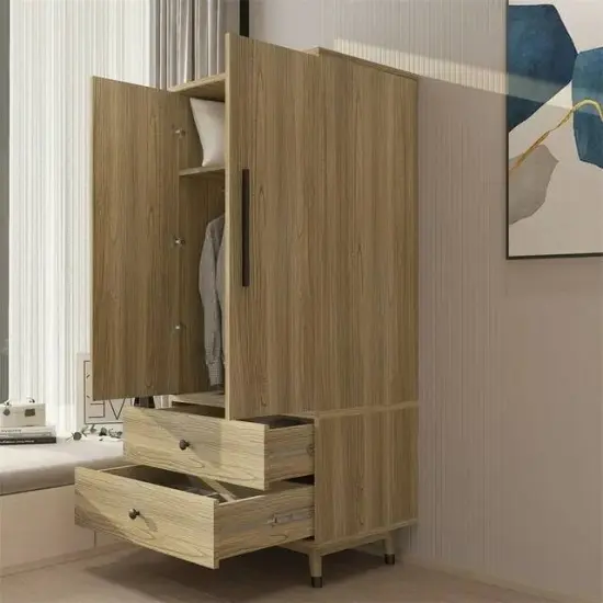 Oak MDF 2 Door Wardrobe with Hanging Rod and Shelves Compact Durable Bedroom Storage Unit {5}