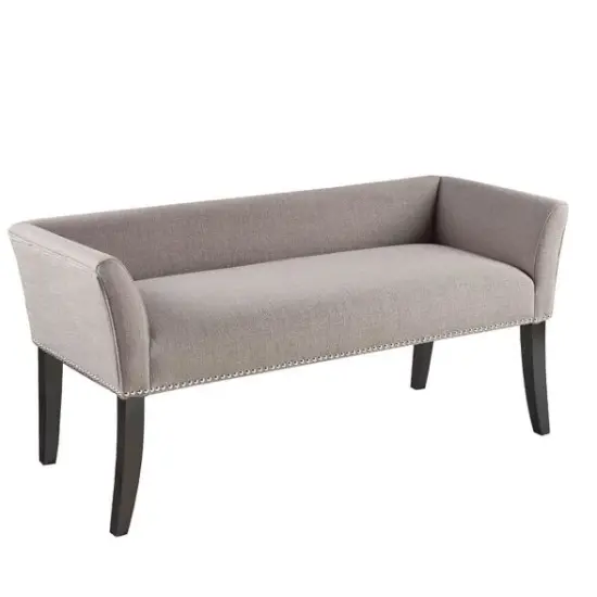 Modern Grey Entryway Bench with Curved Seat and Flared Wood Legs {1}