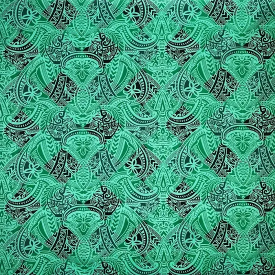 1 Yard Traditional Polynesian Tattoo Design Fabric, 100% Polyester Peachskin, 45" Wide Mint/Green/Bla {1}