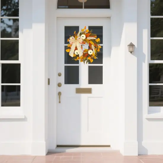 20 Inch Fall Maple Bow Wreath with White Pumpkin {5}