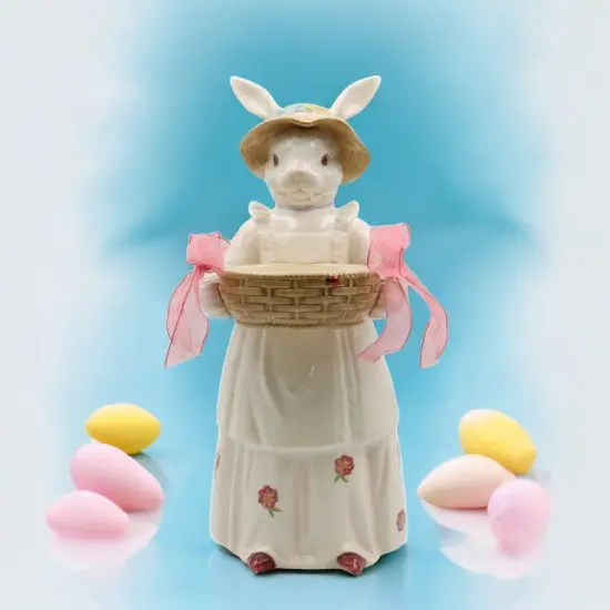 Ceramic Rosy Bunny Rabbit Holding Basket Candy Holder, Easter Decor, Spring Decor, Farmhouse Kitchen Decor {1}