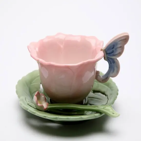 Ceramic Rose Cup and Saucer and Spoon-2 Sets, Gift for Her, Gift for Mom, Gift for Friend or Coworker, Tea Party Décor, Café Decor {4}