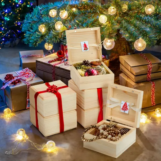 6 Pack Unfinished Wooden Boxes with Hinged Lids, Pinewood Magnetic Wood Box for Crafts, Jewelry Storage (3.5 x 3.5 x 2 In) {2}