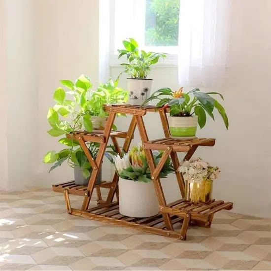 Brown Solid Pine Wood 6-Tier Triangular Plant Stand with Sled Base {2}