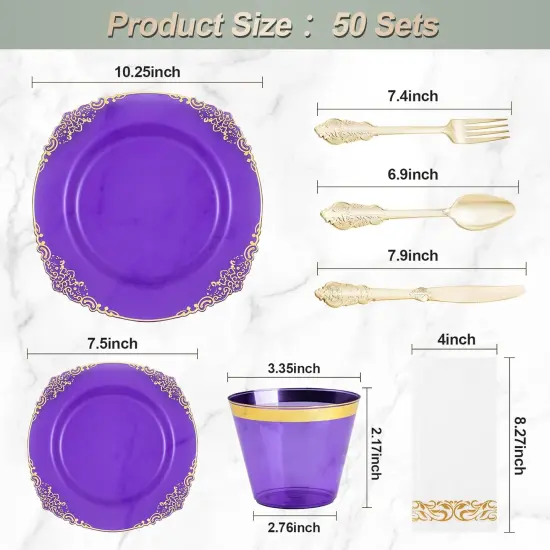 350PCS Purple & Gold Disposable Dinnerware Set &ndash; Plates, Cutlery, Cups & Napkins for 50 Guests {2}