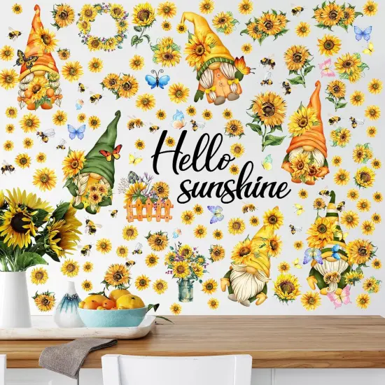 122 Piece Wall Decals - Sunflower Gnome, Bee, Butterfly, Flower Designs {4}