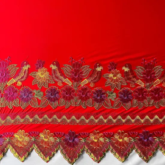 1 Yard Floral Bird Embroidered Double Border Polyester Fabric 56 Inch Width Blck/ Frnch Fuchsia {5}