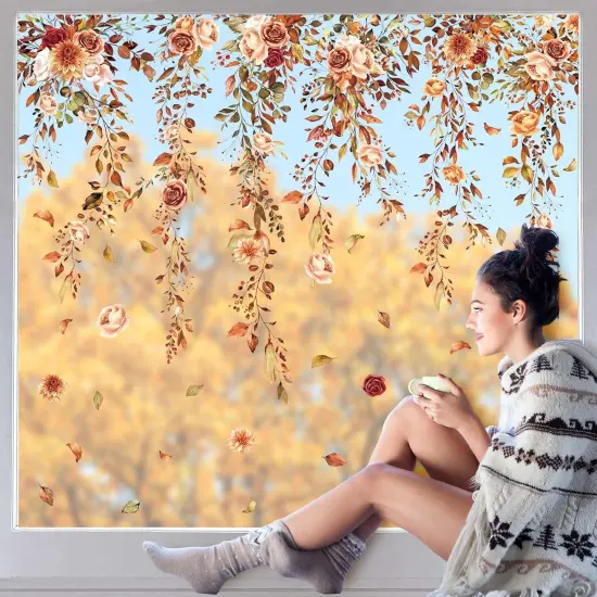 9 Sheets Fall Thanksgiving Window Clings Hanging Flower Vine Leaves {4}