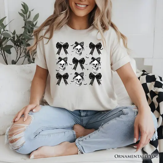 Coquette Skulls and Bows T-Shirt, Gothic Halloween Tee for Stylish Women {2}