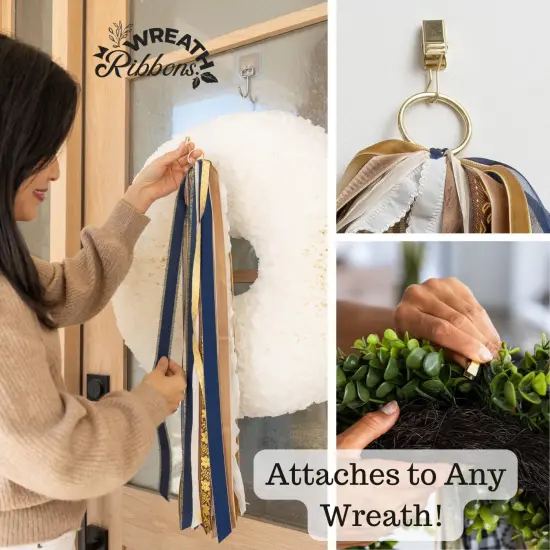 Wreath Ribbon Set - Decorative Bow & Assorted Ribbon for Wreaths - Clip-On Wreath Sash Ribbons Bundle for Indoor & Outdoor Use - Premium Wreath Making Supplies - Golden Winter {4}
