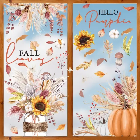 50 PCS Fall Window Cling Sticker, Thanksgiving Autumn Harvest Colorful Leaves {1}