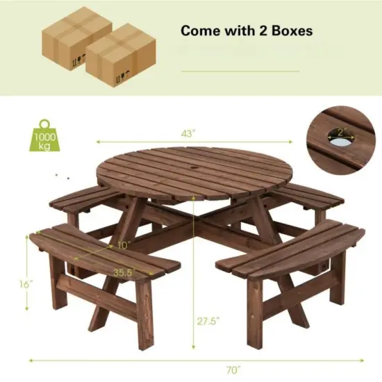 Espresso Round 8-Seater Fir Wood Picnic Table with Umbrella Hole Perfect for Backyard Gatherings {5}