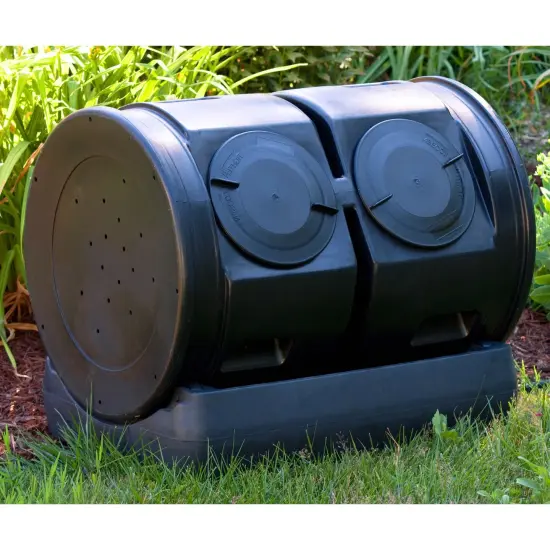 Black Plastic Resin Dual-Lid Compost Tumbler Bin with Wheels and Tea Collector {1}