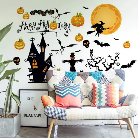 Happy Halloween Home Decor Wall Stickers Witch Bats Spiders Pumpkin {1}