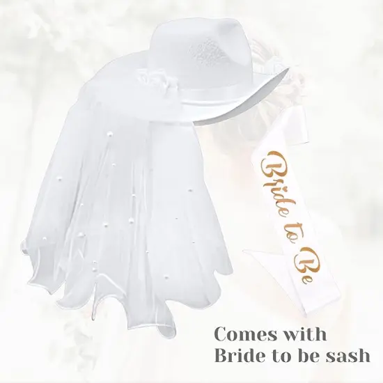 4E's Novelty Bride Cowgirl Hat with Veil & Sash - Women White Cowboy Hat Bachelorette Party, Bridal Shower Dress Up {4}